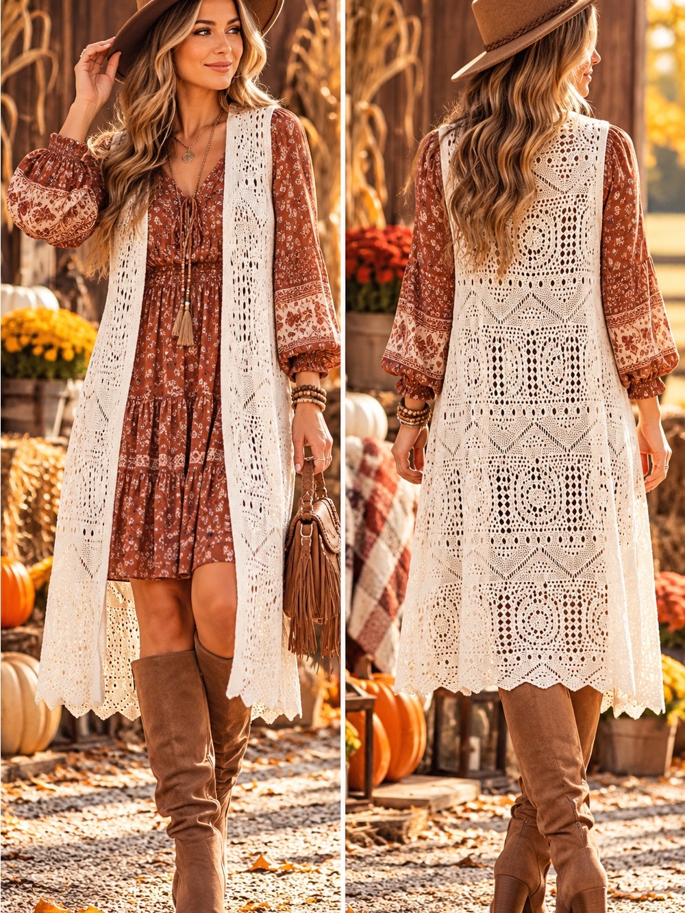 Chelsea & Theodore Cream Crochet Long Vest